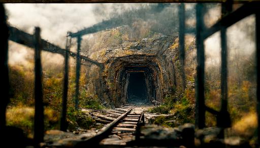 Old abandoned mine entrance with rails running inside, photo realistic, cinematic 8k, --ar 16:9