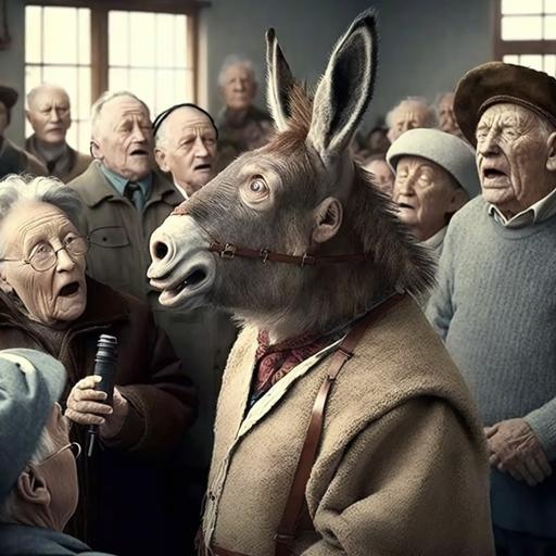 Old donkey wearing cossack suit, is singing in front of group of old people in nursing home, character, ultrarealistic