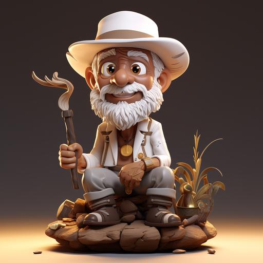 Old, friendly black man, honey-colored eyes, white clothes, gray beard, smoking a pipe, straw hat on his head, wearing a necklace, arruna twig in his ear, sitting on a stool, Disney, chibi, facing the camera, cute, smiling, unreal engineering, detailed, ultra high definition, 3D 8k