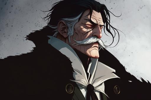 Old man, black hair, thick mustache, no pupils, white pea coat, black cloak on the back, manga style, anime, cinematic, --ar 3:2
