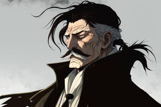Old man, black hair, thick mustache, no pupils, white pea coat, black cloak on the back, manga style, anime, cinematic, --ar 3:2