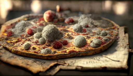 Old pizza, mold, dust, web, ultrarealistic, detailed, unreal engine 5 with depth of field --ar 16:9 --q 2