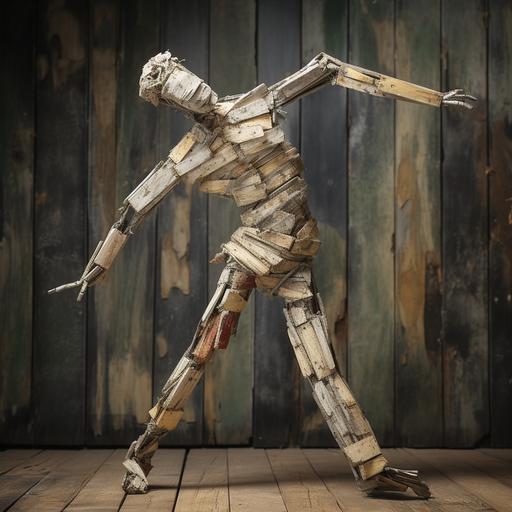 Old weathered wooden drawing mannequin in the style of lifelike 3D, low depth of field, male or androgynous, dancing pose