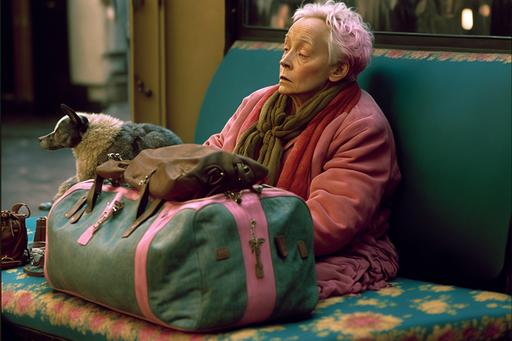 Old woman in pink coat lying on sofa, a lot of colorful baggage suitcases near, pink dog on pillow, hotel room around, hotel budapest, movie stillframe, movie stills, original movie scene, filmed in 35mm --ar 3:2 --v 4 --stylize 999 --s 20000 --v 4
