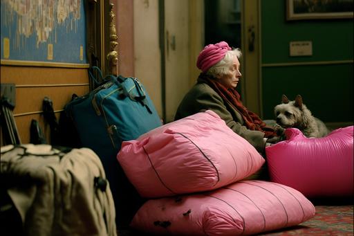 Old woman in pink coat lying on sofa, a lot of colorful baggage suitcases near, pink dog on pillow, hotel room around, hotel budapest, movie stillframe, movie stills, original movie scene, filmed in 35mm --ar 3:2 --v 4 --stylize 999 --s 20000 --v 4