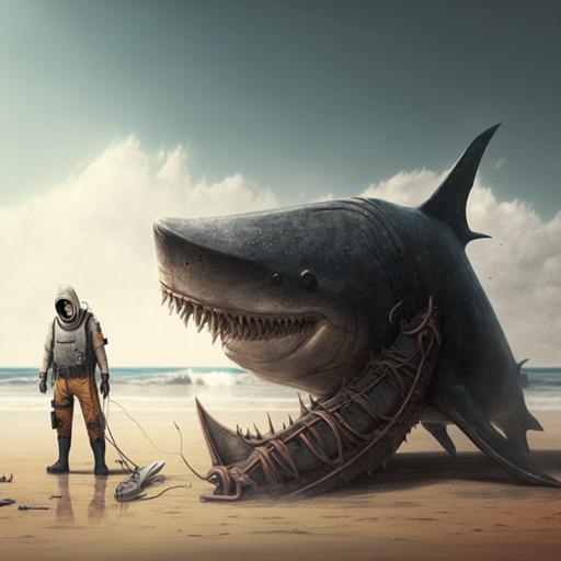 Old wood diving suit, holding a harpoon, posing on a beach next to a large dead white shark on the sand, realistic