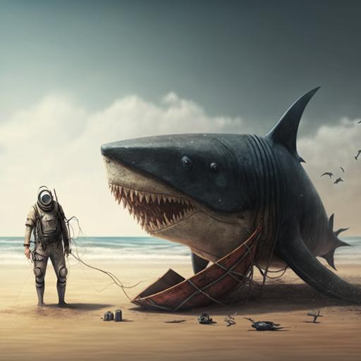 Old wood diving suit, holding a harpoon, posing on a beach next to a large dead white shark on the sand, realistic