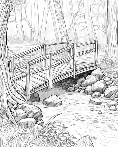 Old wooden bridge over a babbling brook in the woods, coloring page, monochrome, black and white, thick lines, for adults --ar 4:5 --v 6.0