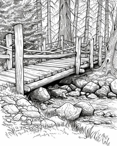 Old wooden bridge over a babbling brook in the woods, coloring page, monochrome, black and white, thick lines, for adults --ar 4:5 --v 6.0