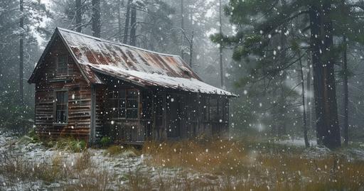 Old wooden house in the forest, covered with snow and fog. The roof of an old cabin is rusted metal, with large windows on each side. There's some grass around it, as well as trees behind it. It was taken during winter time, so there were snowflakes falling from above. This photo has been created using Sony Alpha A7 III camera with a Sigma Art 24mm f/35 lens at F8 aperture setting, ISO between to create soft shadows. --ar 128:67 --s 50 --v 6.0