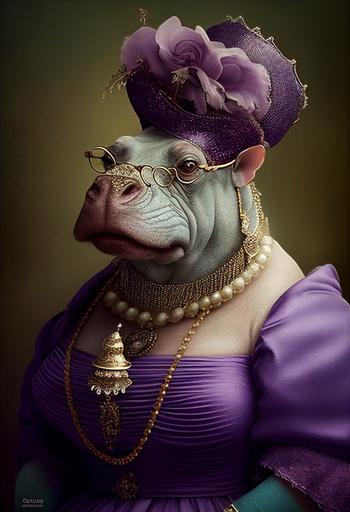 A Hippopotamus in Marie Antoinette style. Earrings. Pearls necklace. Purple dress dress. hat. glasses. Golden age style --ar 2:3
