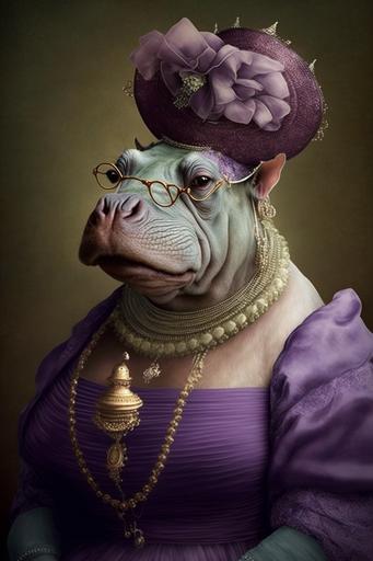 A Hippopotamus in Marie Antoinette style. Earrings. Pearls necklace. Purple dress dress. hat. glasses. Golden age style --ar 2:3