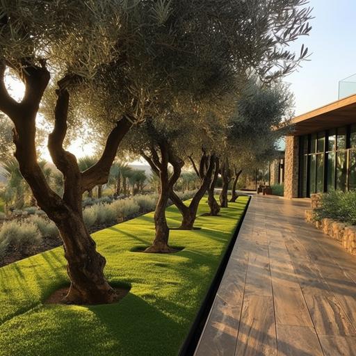 Olive trees planted ajacente to green grass cover, compound wall, walkway