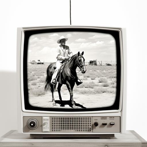 On Vintage tv screen with antenna , showing black and white cowboy and horse adventure, white background