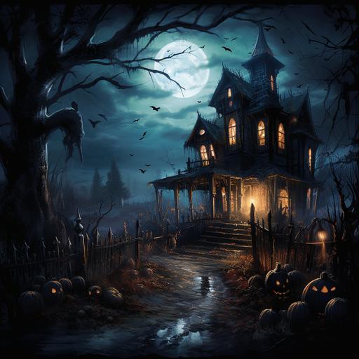 On a chilling Halloween night, under the eerie glow of the full moon, you witness ghostly figures silently entering a decrepit, haunted house. Describe the scene and the emotions it evokes.