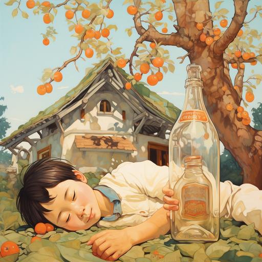 On a clear day near the hut under the plum tree a boy rests his head on a bottle as a pillow cartoon