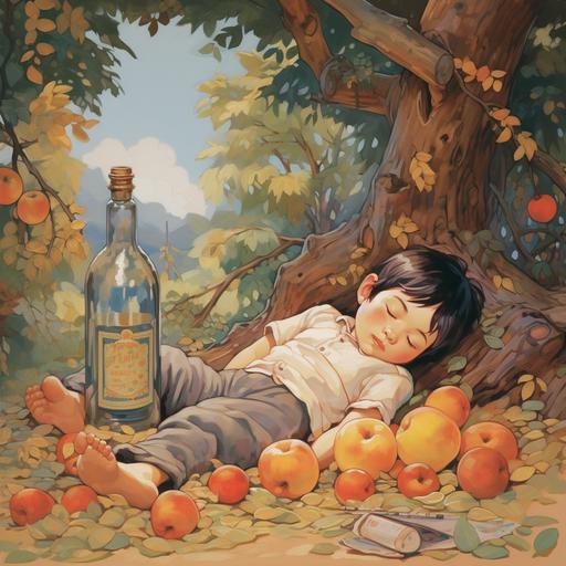On a clear day near the hut under the plum tree a boy rests his head on a bottle as a pillow cartoon