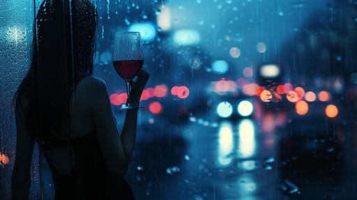 On a rainy night, the streets are bustling with cars passing by. A woman in a long black dress was leaning against the window with a glass of red wine. Rain hits the glass, flashing car lights, blue and gloomy atmosphere.Surrealism style, documentary photography, midnight blue, Night photography, Timecode, --ar 16:9 --v 6.0