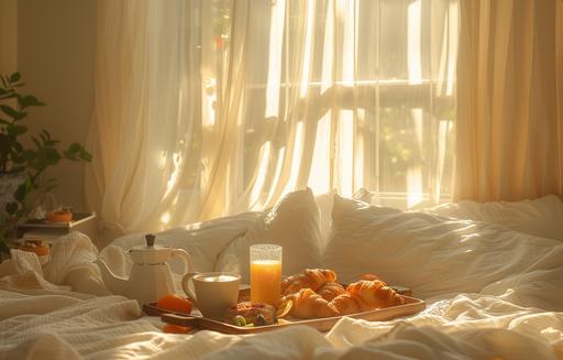 On a random Sunday morning, a couple enjoys a leisurely breakfast in bed, the room bathed in the soft, golden light of the early sun filtering through sheer curtains. The scene is the epitome of relaxation and comfort, with a tray laden with homemade delicacies--freshly baked croissants, a pot of aromatic coffee, and a bowl of ripe, colorful fruit--resting between them on the bed. The element of Earth is present in the natural wooden tray and the fresh ingredients that make up their meal, grounding the scene in simplicity and warmth. Water is suggested by the morning dew visible on the windowpane and the fresh juice in tall glasses, adding a refreshing touch to their breakfast. Air circulates gently, the room filled with the comforting sounds of soft music and the couple's quiet conversations, creating a light, airy atmosphere. Fire's warmth is captured not only in the steaming coffee but also in the sun's rays that add a cozy glow to their sanctuary, making this random Sunday breakfast in bed a cherished, intimate moment of connection and tranquility. --ar 39:25 --v 6.0 --s 250 --style raw