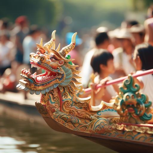 On the dragon boat in Shuicheng, Chinese people are singing and dancing to celebrate the arrival of the festival, Side view, soft focus photography, cubism, 32K, high detail