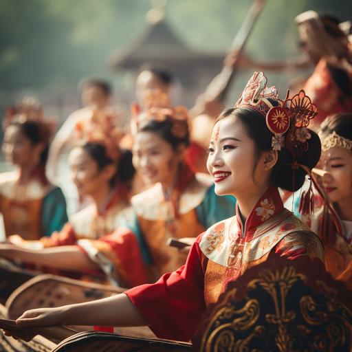 On the dragon boat in Shuicheng, Chinese people are singing and dancing to celebrate the arrival of the festival, Side view, soft focus photography, cubism, 32K, high detail