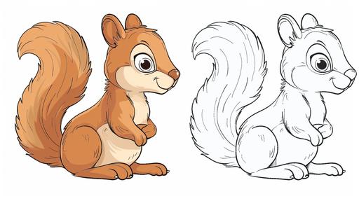 On the left, a black and white simple children's coloring book illustration featuring a cute simple Squirrel, no shading, with a white background, flat paint. On the right, thesame illustration with color. Tratto bello grosso --ar 16:9 --style raw --stylize 150