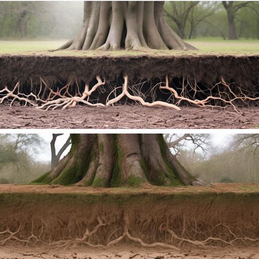 On the left is an oak tree, and on the right is a cypress tree. Under the trees, a soil profile is displayed, which is very deep and can be seen as layered. The layering is distinguished by the weight of the soil color. The soil profile shows the root system of trees without a dividing line in the middle. --niji 5