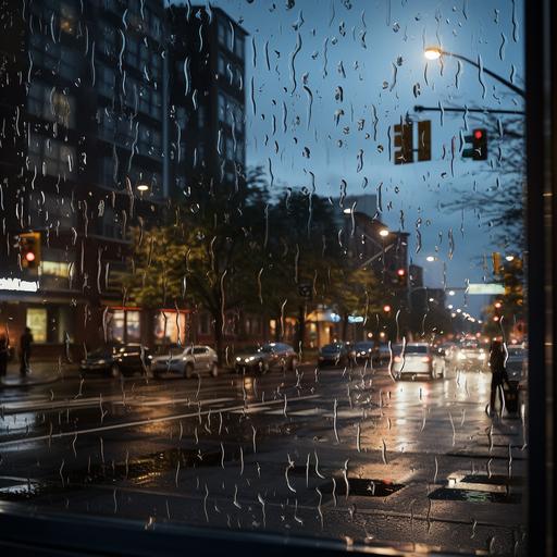 On the transparent glass window, there are many rain-sprayed droplets. It is raining outside the window. The scene outside is the evening street view with several cars driving into the distance. Pedestrians on the side of the road are holding umbrellas. There are a few houses along the street. The view outside through the glass is blurry, but the droplets on the glass are clear. The resolution of the image is high
