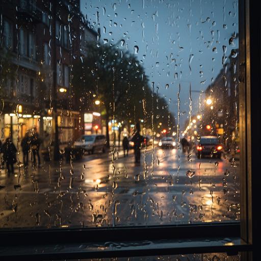 On the transparent glass window, there are many rain-sprayed droplets. It is raining outside the window. There is not any car in the street. The scene outside is the evening street view with pedestrians walking on the side of the road holding umbrellas. There are a few houses along the street. The view outside through the glass is blurry, but the droplets on the glass are clear. The resolution of the image is high