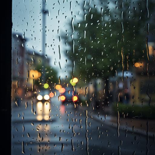 On the transparent glass window, there are many rain-sprayed droplets. It is raining outside the window. The scene outside is the early morning street view with pedestrians walking on the side of the road holding umbrellas. There are a few houses along the street. The view outside through the glass is blurry, but the droplets on the glass are clear. The resolution of the image is high.