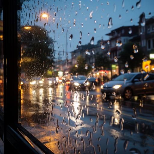 On the transparent glass window, there are many rain-sprayed droplets. It is raining outside the window. The scene outside is the evening street view with several cars driving into the distance. Pedestrians on the side of the road are holding umbrellas. There are a few houses along the street. The view outside through the glass is blurry, but the droplets on the glass are clear. The resolution of the image is high