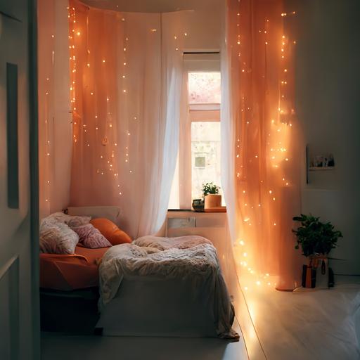 On the wall, we can see a small window with a sheer pink curtain, allowing a gentle stream of natural light to filter into the room. Above the window, a string of orange fairy lights is draped, casting a warm and inviting ambiance throughout the space