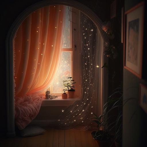 On the wall, we can see a small window with a sheer pink curtain, allowing a gentle stream of natural light to filter into the room. Above the window, a string of orange fairy lights is draped, casting a warm and inviting ambiance throughout the space