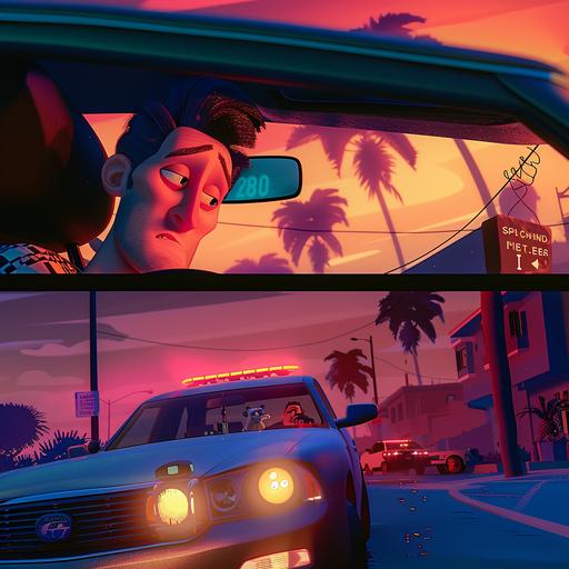 On the way home, their car swerves slightly, catching the attention of a police officer. The next panel shows the police officer pulling the car over for a suspected DUI. pixar style