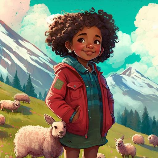 Once upon a time, a little Young brown girl from India with short curly hair, eight years old, excited, big smile, wearing a green jacket on top of a red check shirt, brown pants, brown boots, simple, cute, in the style of Disney Marida girl standing on top of a mountain looking at many sheep graze on the meadow.