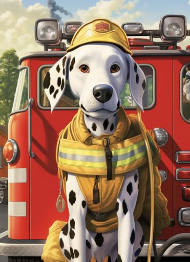 Once upon a time, in a friendly little town called Sunnyville, there lived a special dog named Skampy. Skampy was a Dalmatian with a coat of snow white fur covered in black and brown spots. But Skampy wasn't just any dog – he was a brave fire dog! His job was to help the firefighters and keep the town safe from fires. Skampy had a wagging tail that had a magical power to calm down fires. When he wagged his tail, the flames started to settle down, hyper-realistic --ar 8:11