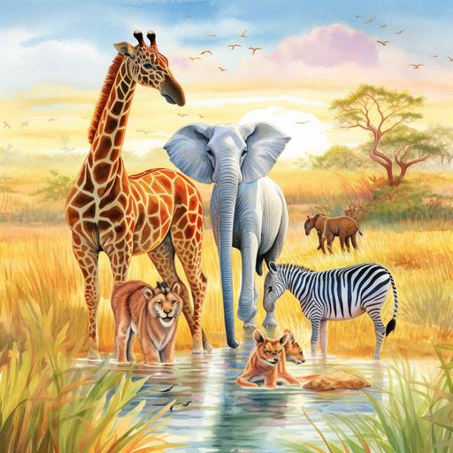 Once upon a time, in the vast and beautiful African savannah, there lived a group of animal friends who loved to explore and play together. Among them were Simba the lion cub, Kofi the elephant calf, Zara the zebra foal, and Tula the giraffe calf. They spent their days running through the tall grasses and splashing in the watering hole.