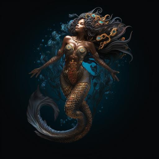 One beautiful mythical african american mermaid with a gorgeous tail, swimming upside down, pisces zodiac sign style, full body, stunning details, full color, black background
