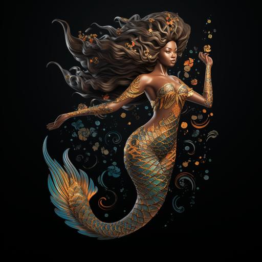 One beautiful mythical african american mermaid with a gorgeous fish tail, swimming to the right in a curve, pisces zodiac sign style, full body, stunning details, full color, black background