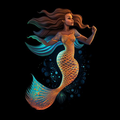 One beautiful mythical african american mermaid with a gorgeous tail, swimming upside down, pisces zodiac sign style, full body, stunning details, full color, black background