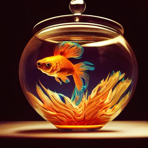 One demonically possessed goldfish is hovering about a metre in the air directly above a plain round fishbowl. It is set on the kitchen counter, kitchen-core, with lots of little knick-knacks, in the style of Pixar, Jean Baptiste-Monge, beautiful, detailed pink and blue, gold finely detailed scales, intricate filigree, ethereal, trending on artstation, hyperrealistic, dramatic lighting, volumetric lighting, cinematic, realistic, cinematic composition, highly detailed, unreal engine, hyper-detailed photo-realistic maximum detail, UHD, 32k photorealistic, HDR, High octane render, hyper-detailed photo-realistic maximum detail, UHD, 32k photorealistic, HDR, High octane render --creative --ar 1:1 --testp --s 1250