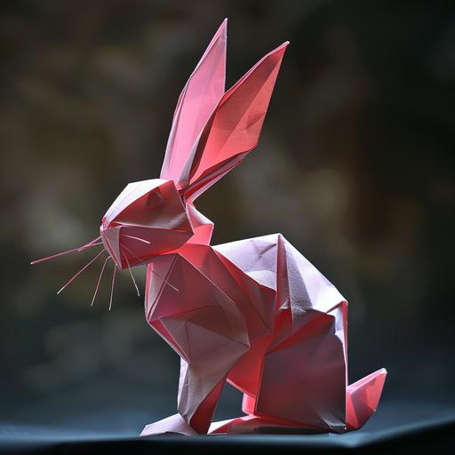 One easter bunny, origami made, in pink paper, photographed with a digital SLR camera in a dark background.