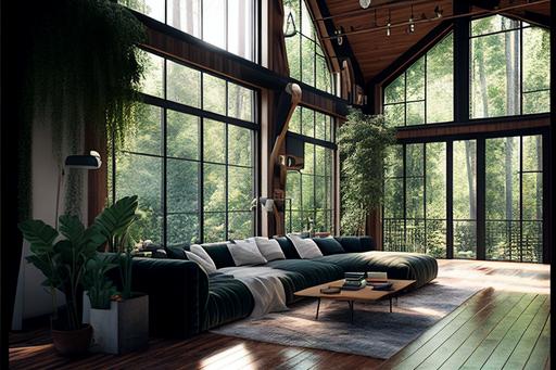 japandi living room, high ceilings, cherry wooden walls, big windows, Jungle garden, puffy cream couch, electronics, library books, clean white rug, cherry wood floor, low hanging glass bulbs, botanical, volumetric light shimmering --q 2 --ar 3:2