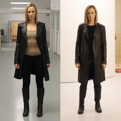 One person in image. Full body. Very detailed and accurate version of the Ninth Doctor character from the tv show Doctor Who played by a 2006 Jennifer Garner in a movie. Accurate and exact 2006 Jennifer Garner facial features. detailed facial features. Same exact Ninth Doctor character costume. Accurate and detailed Ninth Doctor character costume. Accurate Ninth Doctor character shaved head. Detailed Ninth Doctor character shaved head. Accurate. 8k, award- winning photography, ultra-photorealistic, Modern, photograph, Portrait, movie promotional photo, full body shot, ACTORS: person, CAMERA MODEL: Canon EOS R5, --v 5.2