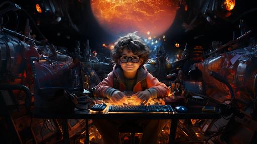 One realistic smiling but tired looking 3D cartoon CGI geeky child, with oversized glasses staring directly into the camera, standing centre of room, next to desk in 70's galactic spaceship interior, messy artists bedroom, a macbook next. Neon lighting. --ar 16:9 --s 750