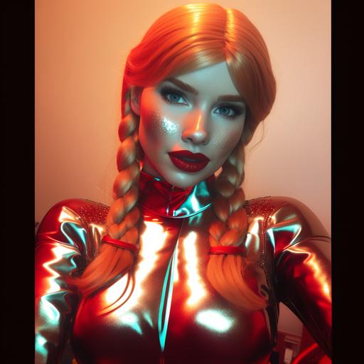 Only a Volumpchuiss, blonde straight hair, Flirty body portrait of a woman bright red lipgloss, wearing a zipperless shiny latex suit, a fusion of Kim Kardashian Kylie Jenner and Samus, latex 32k, Ultra - HD, Cinematic Lighting, Volumetric Lighting, Beautiful Lighting, Ray Tracing Reflections, Lumen Reflections, insanely detailed and intricate, hypermaximalist, hyper realistic, super detailed, symmetric, 60mm photography, Comically sized DD cup sized chest, body portrait, long hair