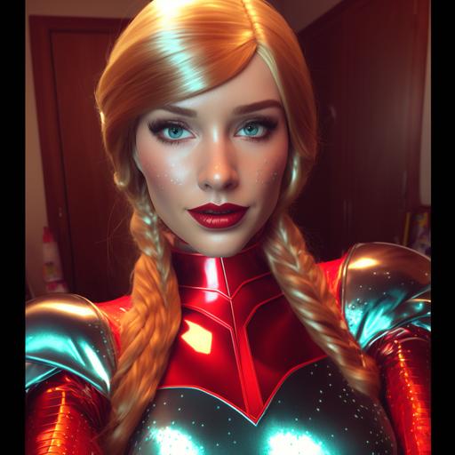 Only a Volumpchuiss, blonde straight hair, Flirty body portrait of a woman bright red lipgloss, wearing a zipperless shiny latex suit, a fusion of Kim Kardashian Kylie Jenner and Samus, latex 32k, Ultra - HD, Cinematic Lighting, Volumetric Lighting, Beautiful Lighting, Ray Tracing Reflections, Lumen Reflections, insanely detailed and intricate, hypermaximalist, hyper realistic, super detailed, symmetric, 60mm photography, Comically sized DD cup sized chest, body portrait, long hair