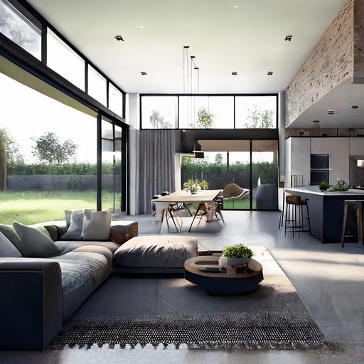 Open plan great room with kitchen,dinning, lounge, photorealistic, concrete finishes, bungalow, octane render, floor to ceiling windows,outdoor turf courtyard, balcony
