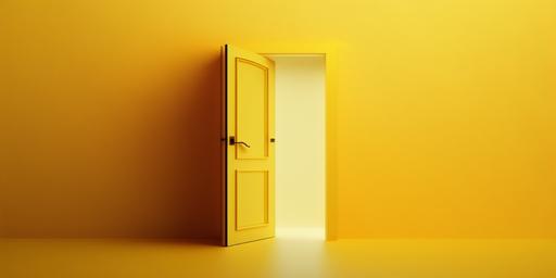 Open yellow door on yellow banner. Creative concept of accessibility, choice, exit --ar 2:1