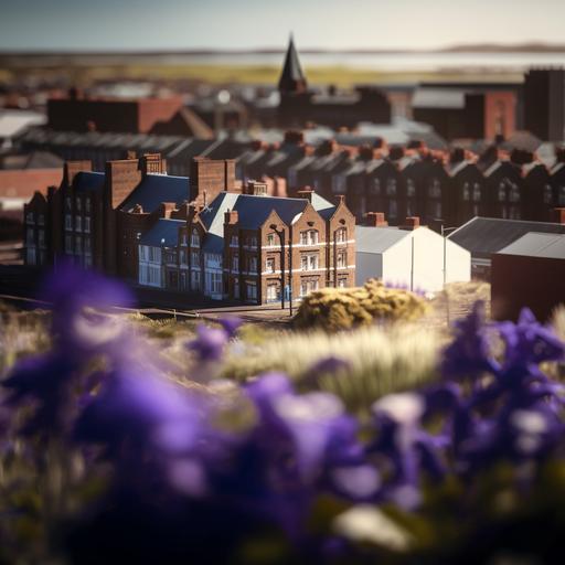 Opening shot of Middlesbrough High Street skyline post-industrial town in North England illuminated by rays of light, cinematic lighting, surrounded by bluebells & daffodils, vibrant, high contrast, f/1.8 ISO 500, sharp details, soft light, cinematic, hyper realistic photograph, photorealistic, ultra photoreal, ultra detailed, intricate details, 8k — uplight — q 2 4:3